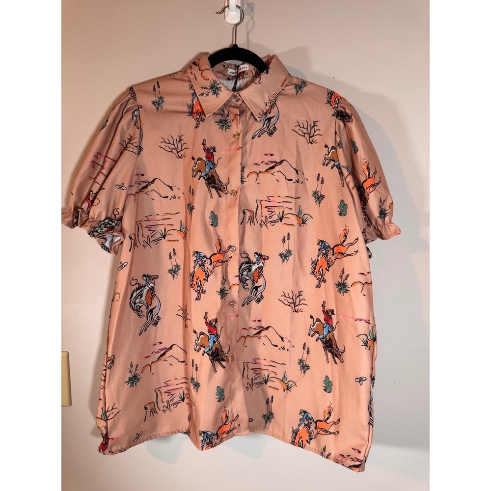 CHERRYBETTY Peach Western Cowboy Rodeo Print Puff Sleeve Button Down Shirt 2XL